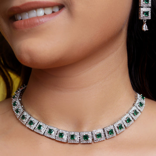 Sparkling Silver-Tone Square-Cut Emerald Green Choker Necklace and Earrings Set