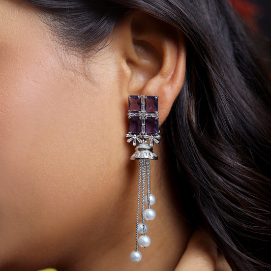 Royal Amethyst Purple Square Zircon Tassel Earrings with Elegant Dangling Pearl Drops