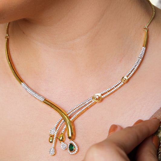 Golden Cascade Diamond and Emerald Necklace & Earring Set