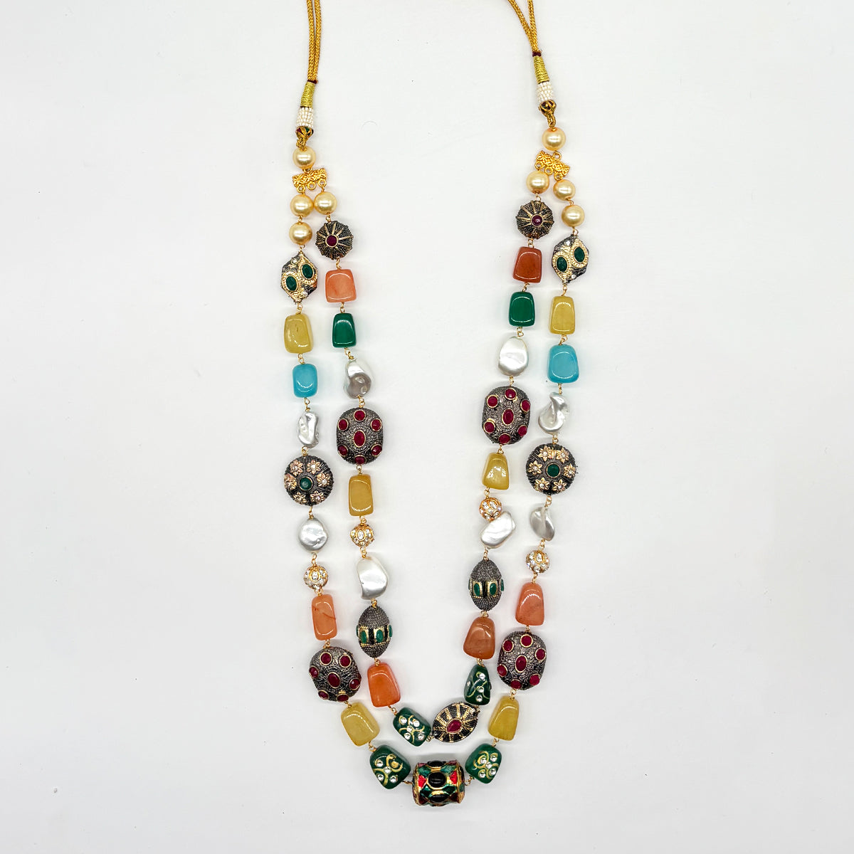 Luxurious Handcrafted Multi-Layer Gemstone and Pearl Long Necklace Set with Earrings