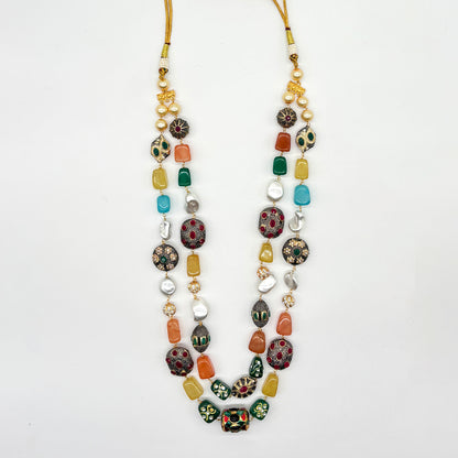 Luxurious Handcrafted Multi-Layer Gemstone and Pearl Long Necklace Set with Earrings