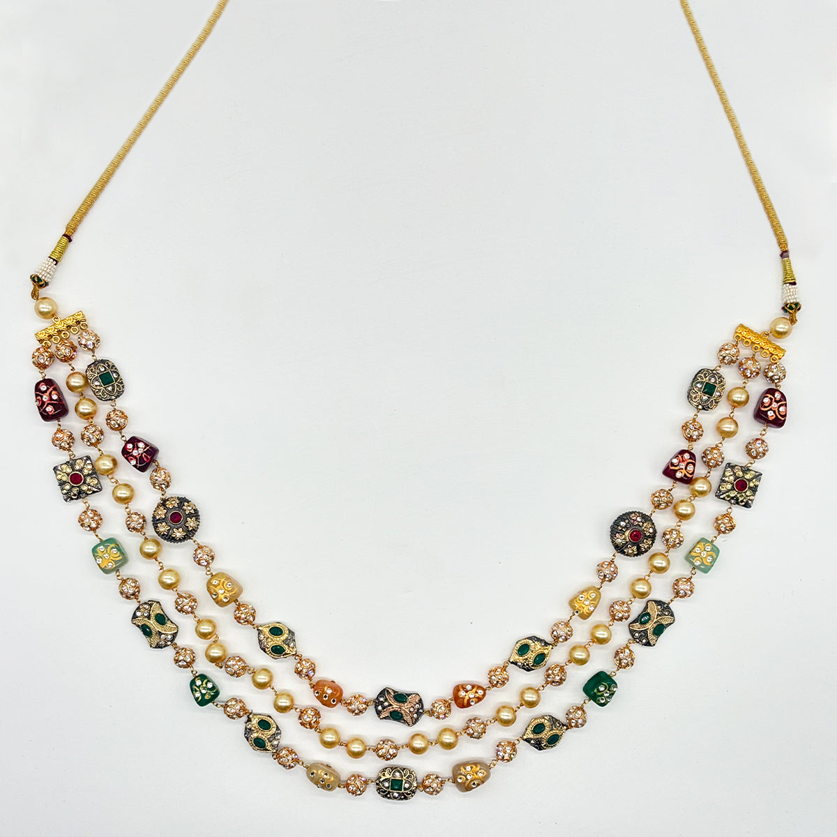 Luxurious Multi-Layered Meenakari Work Gold-Tone Beaded Necklace Set with Jhumka Earrings