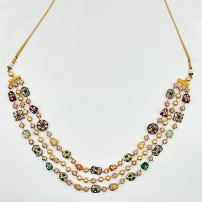 Luxurious Multi-Layered Meenakari Work Gold-Tone Beaded Necklace Set with Jhumka Earrings