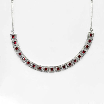 Classic Silver-Tone Square Cut Ruby Red Stone Collar Necklace and Earring Set