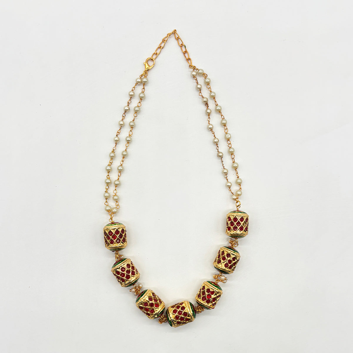 Handcrafted Gold-Tone Meenakari Work Pearl Necklace Set with Traditional Barrel Beads and Earrings