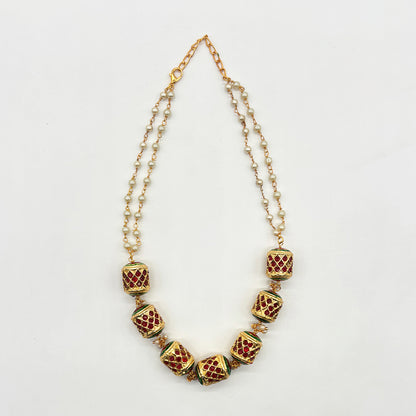 Handcrafted Gold-Tone Meenakari Work Pearl Necklace Set with Traditional Barrel Beads and Earrings