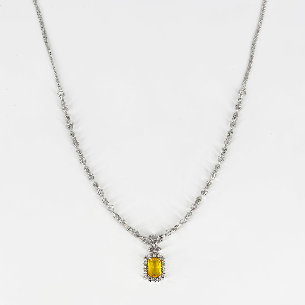 Silver-Plated Yellow Stone Pendant Necklace Set with Earrings