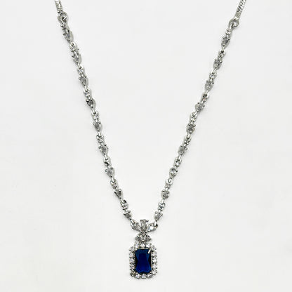 Premium Silver-Tone Zircon V-Neckline Necklace Set with Royal Blue Sapphire Pendant