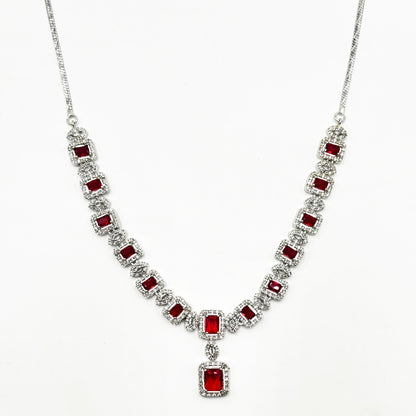 Regal Silver-Tone Square-Cut Ruby Red American Diamond Drop Necklace and Earring Set