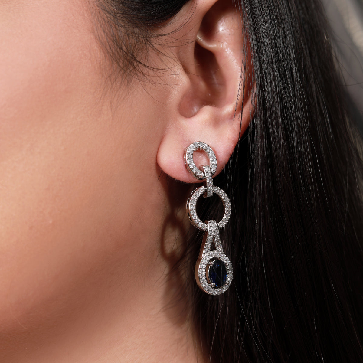 Modern Interlinked Zircon Chain Necklace Set with Deep Blue Sapphire Teardrop Pendant