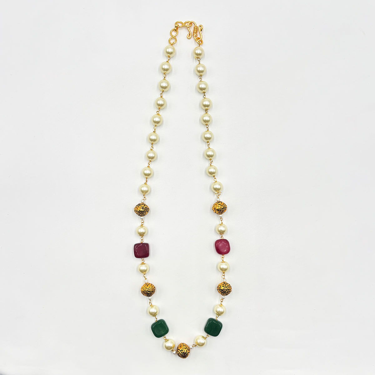 Elegant Handcrafted Pearl Beaded Necklace Set with Colorful Gemstone Drops and Earrings