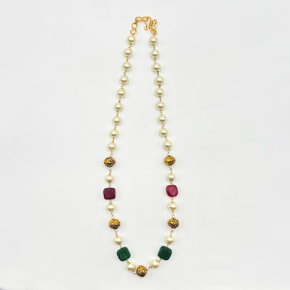 Elegant Handcrafted Pearl Beaded Necklace Set with Colorful Gemstone Drops and Earrings
