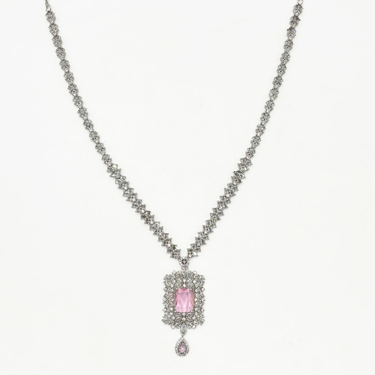 Elegant Silver-Plated Pink Stone Necklace & Earring Set