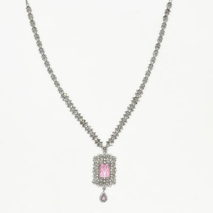 Elegant Silver-Plated Pink Stone Necklace & Earring Set