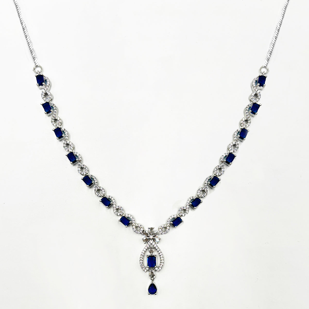 Elegant Silver-Tone Zircon and Sapphire Blue Drop Necklace and Earring Set
