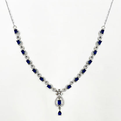 Elegant Silver-Tone Zircon and Sapphire Blue Drop Necklace and Earring Set