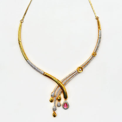 Elegant Gold-Plated Diamond-Cut Necklace Set with Pink Stone Drops