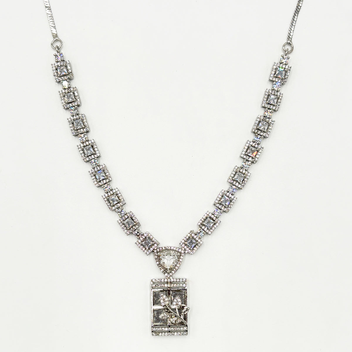 Unique Silver-Tone Zircon V-Neckline Necklace Set with Intricate Floral Rectangle Pendants
