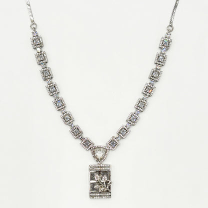 Unique Silver-Tone Zircon V-Neckline Necklace Set with Intricate Floral Rectangle Pendants
