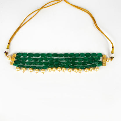 Green Bead & Pearl Choker Necklace Set with Earrings