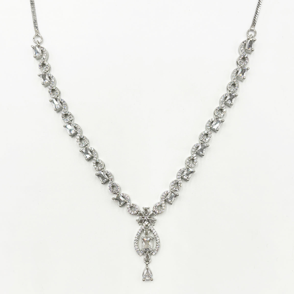 Brilliant American Diamond Silver-Tone V-Drop Necklace Set with Matching Dangle Earrings