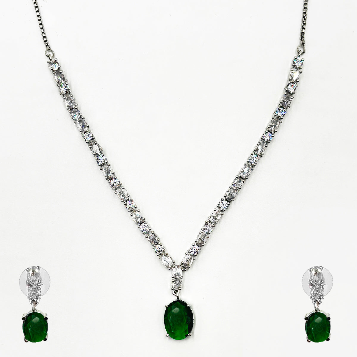 Sparkling Zircon V-Neckline Necklace Set with Oval Green Emerald Drop Earrings