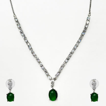 Sparkling Zircon V-Neckline Necklace Set with Oval Green Emerald Drop Earrings