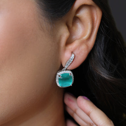 Elegant Silver-Tone Mint Green Cushion-Cut Drop Earrings with Zircon Halo