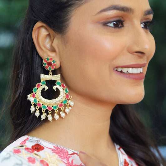 Regal Kundan Chandbali Earrings with Pearl Tassels