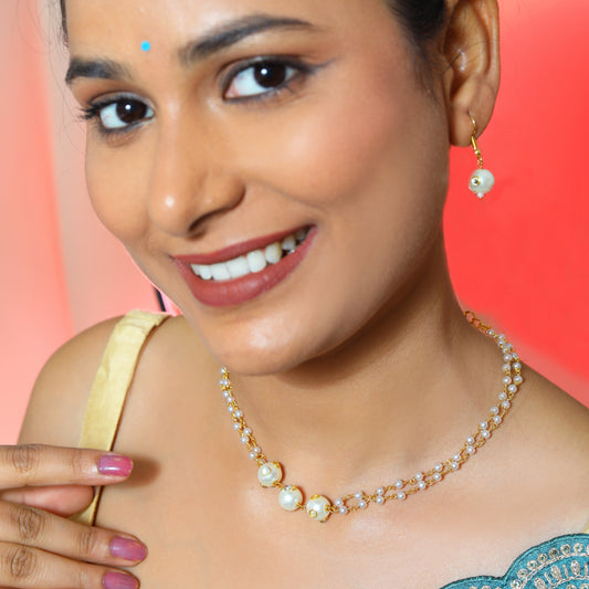 Elegant Pearl-Studded Gold-Plated Necklace and Earring Set