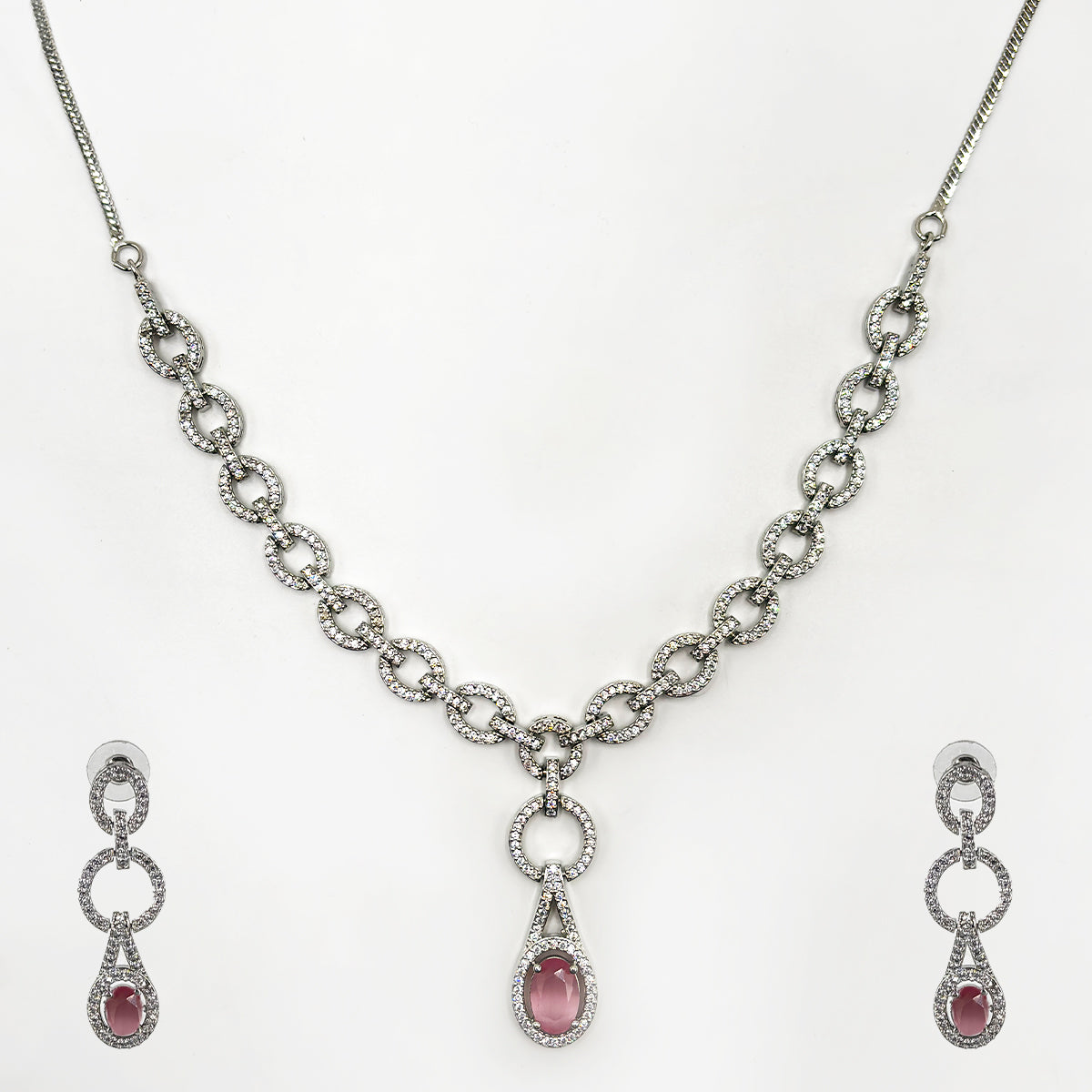 Pink Gemstone and Diamond Necklace and Earring Set