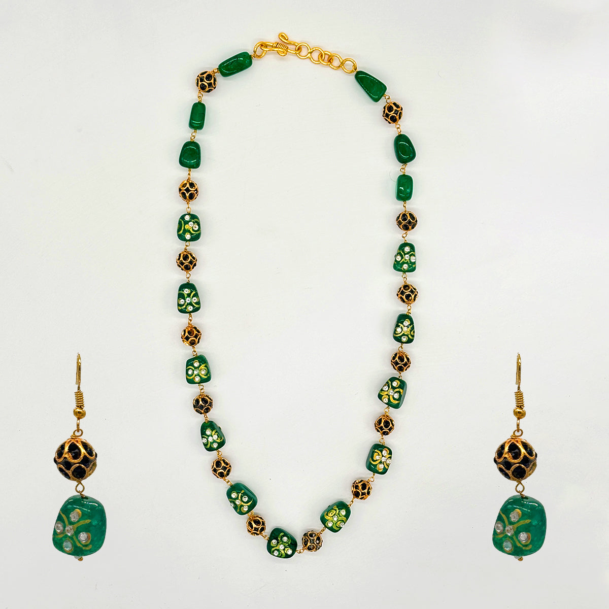 Green Kundan Necklace and Earring Set with Floral Detailing