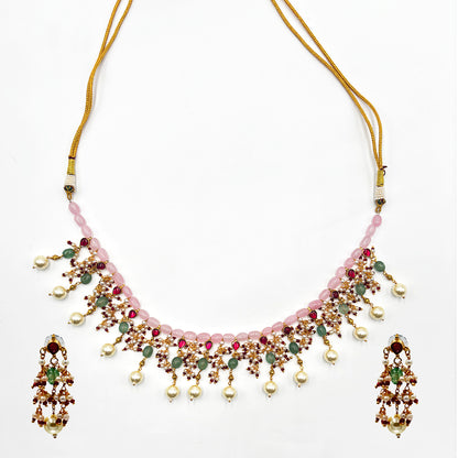 Pink Kundan Pearl Drop Set