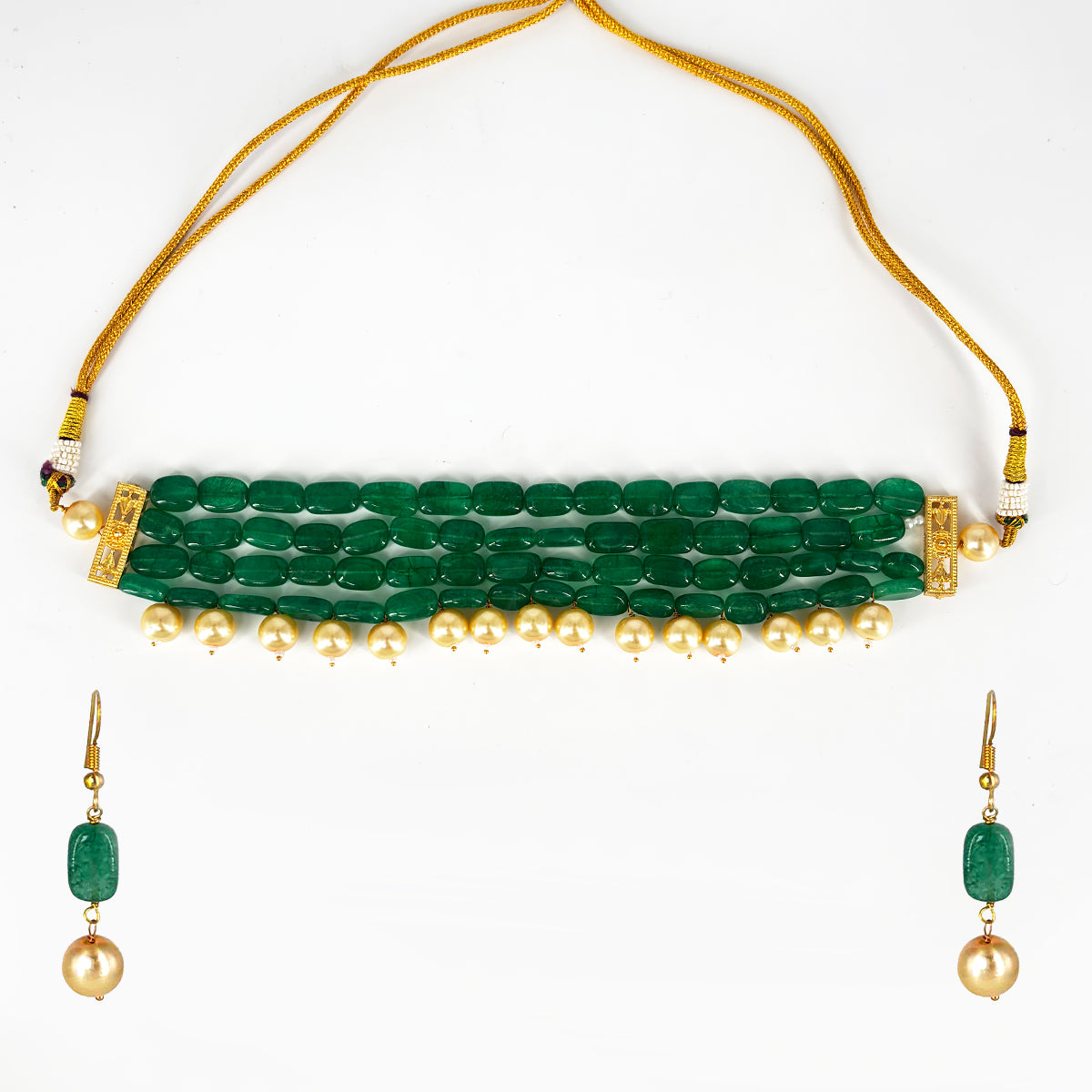 Green Bead & Pearl Choker Necklace Set with Earrings