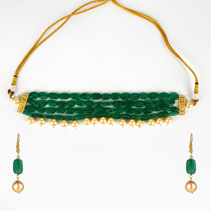 Green Bead & Pearl Choker Necklace Set with Earrings