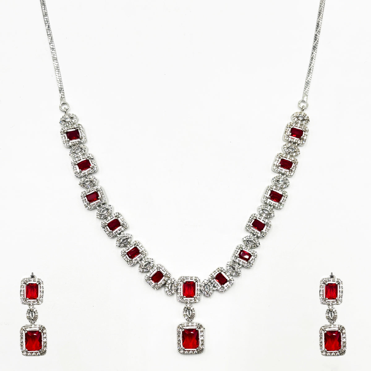 Regal Silver-Tone Square-Cut Ruby Red American Diamond Drop Necklace and Earring Set