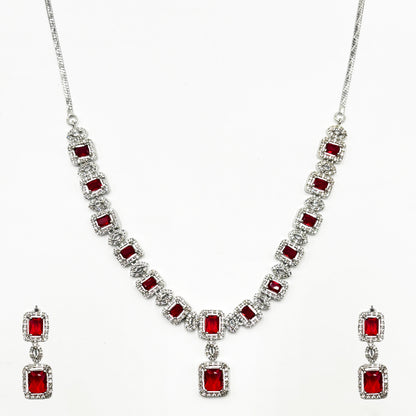 Regal Silver-Tone Square-Cut Ruby Red American Diamond Drop Necklace and Earring Set