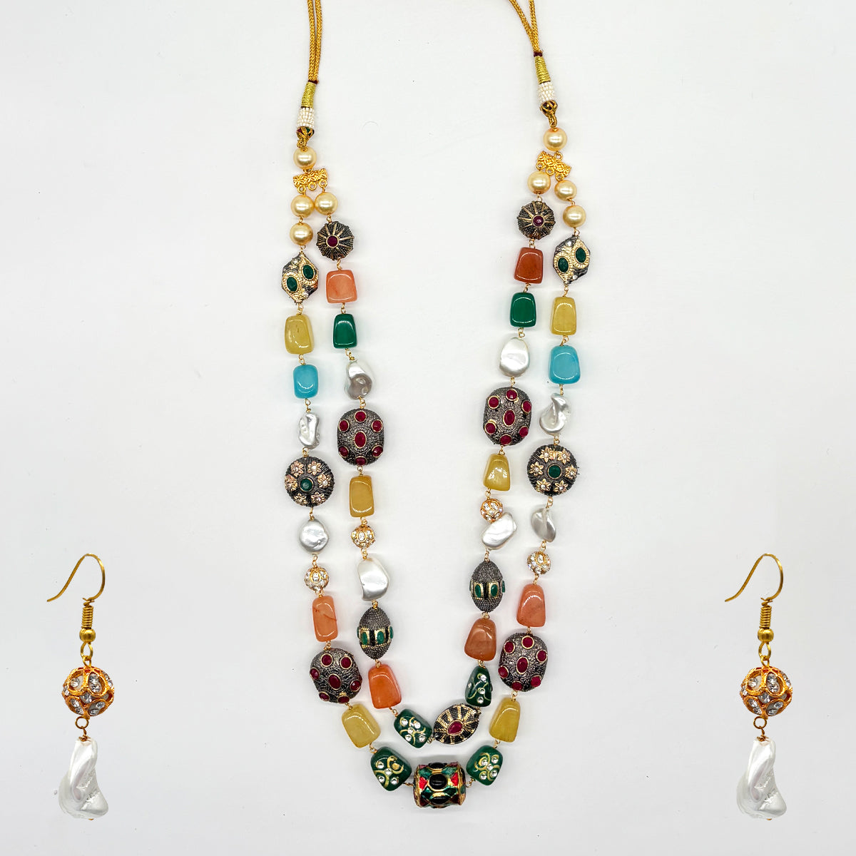 Luxurious Handcrafted Multi-Layer Gemstone and Pearl Long Necklace Set with Earrings