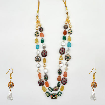 Luxurious Handcrafted Multi-Layer Gemstone and Pearl Long Necklace Set with Earrings