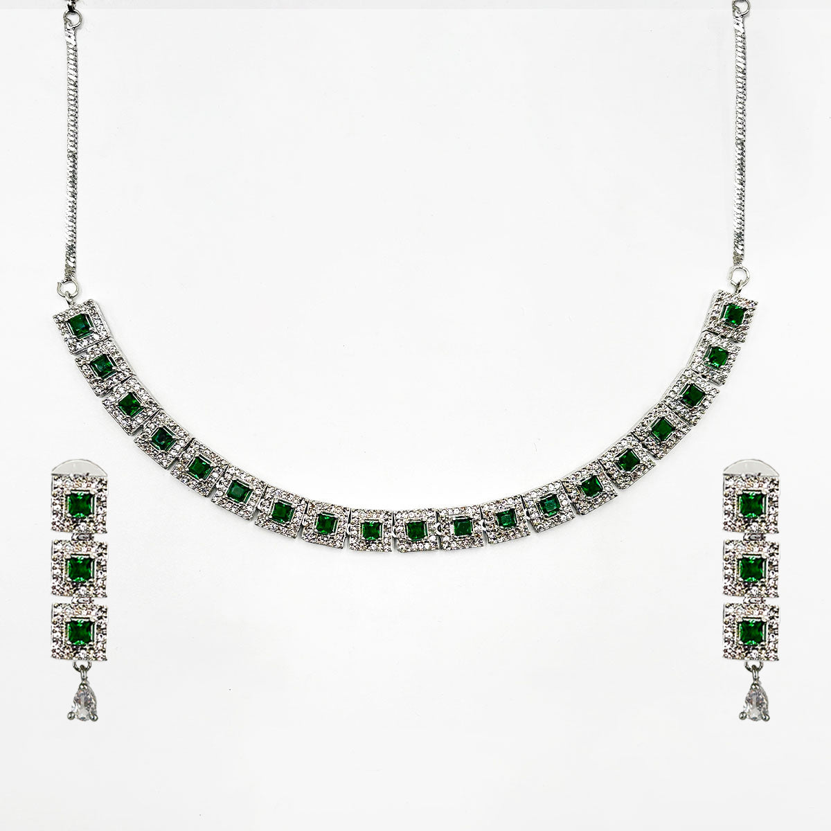 Sparkling Silver-Tone Square-Cut Emerald Green Choker Necklace and Earrings Set