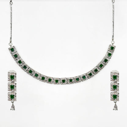 Sparkling Silver-Tone Square-Cut Emerald Green Choker Necklace and Earrings Set