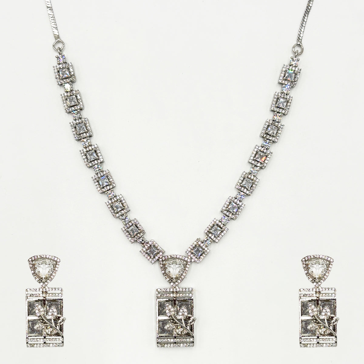 Unique Silver-Tone Zircon V-Neckline Necklace Set with Intricate Floral Rectangle Pendants