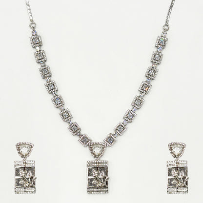 Unique Silver-Tone Zircon V-Neckline Necklace Set with Intricate Floral Rectangle Pendants