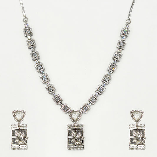 Unique Silver-Tone Zircon V-Neckline Necklace Set with Intricate Floral Rectangle Pendants
