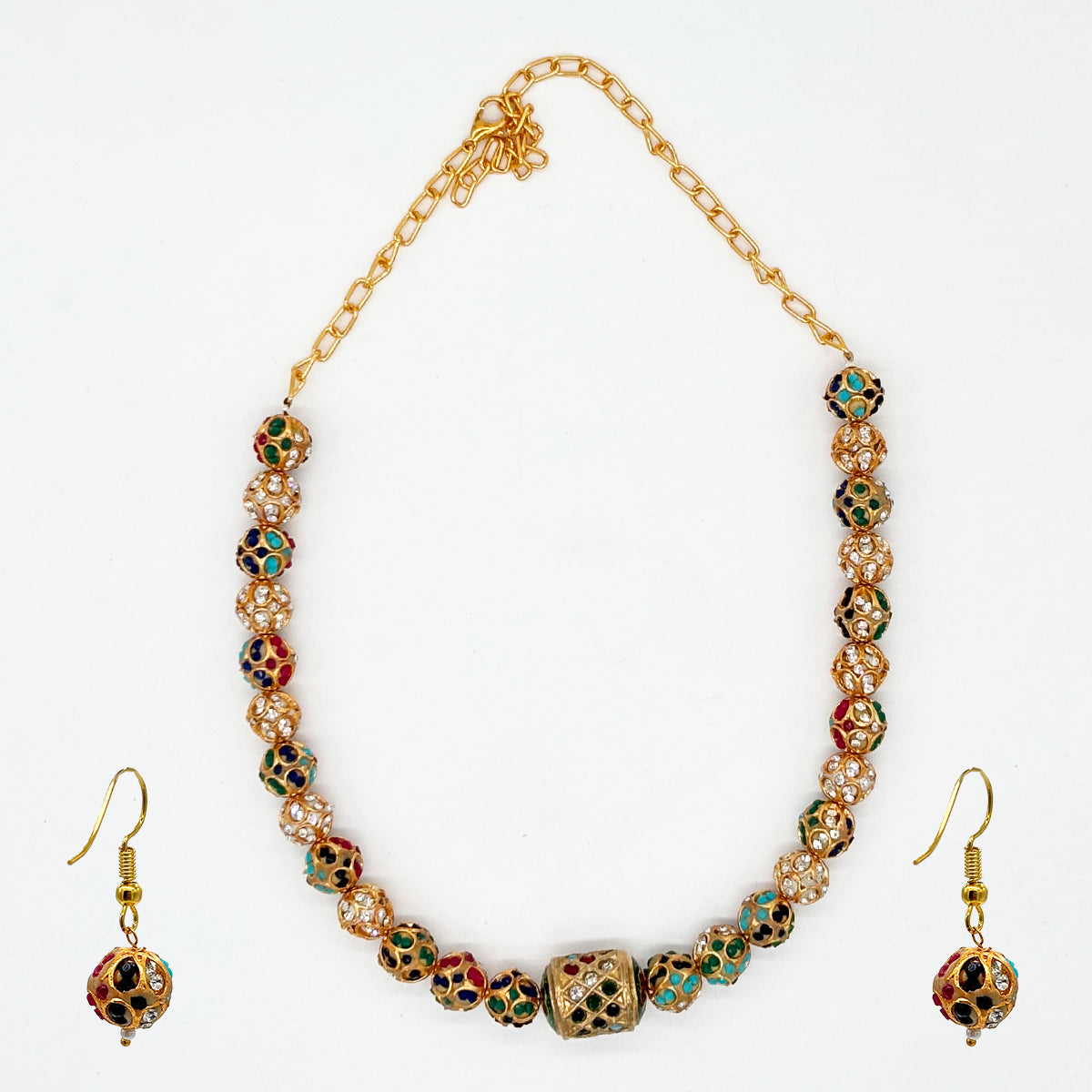 Traditional Meenakari Work Gold-Tone Beaded Necklace Set with Colorful Enamel and Drops
