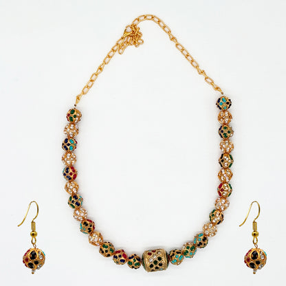 Traditional Meenakari Work Gold-Tone Beaded Necklace Set with Colorful Enamel and Drops