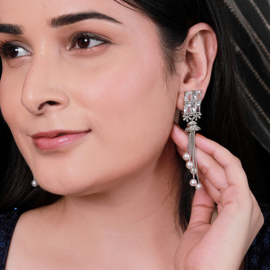 Luxurious Silver-Tone American Diamond Tassel Earrings with Square Zircon and Pearl Drops