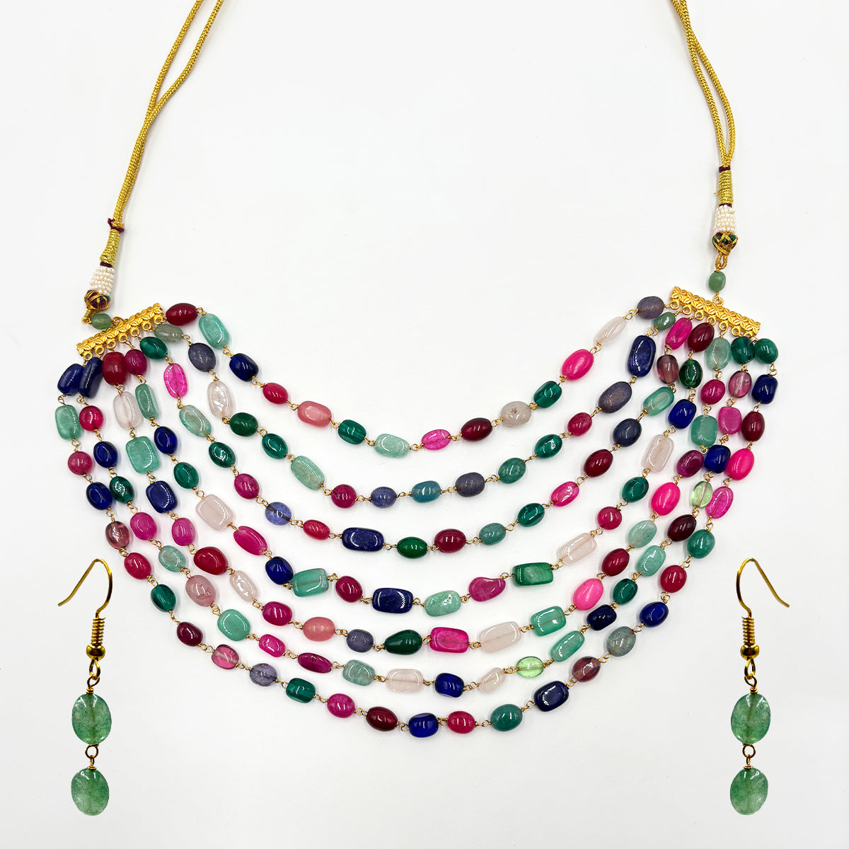 Multicolor Beaded Necklace and Earring Set with Emerald Drops