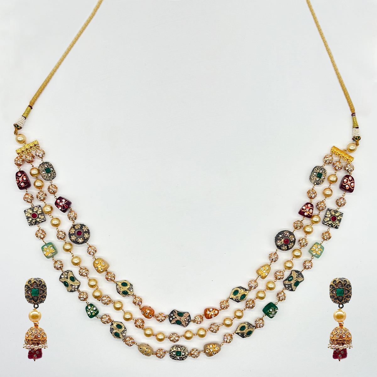 Luxurious Multi-Layered Meenakari Work Gold-Tone Beaded Necklace Set with Jhumka Earrings