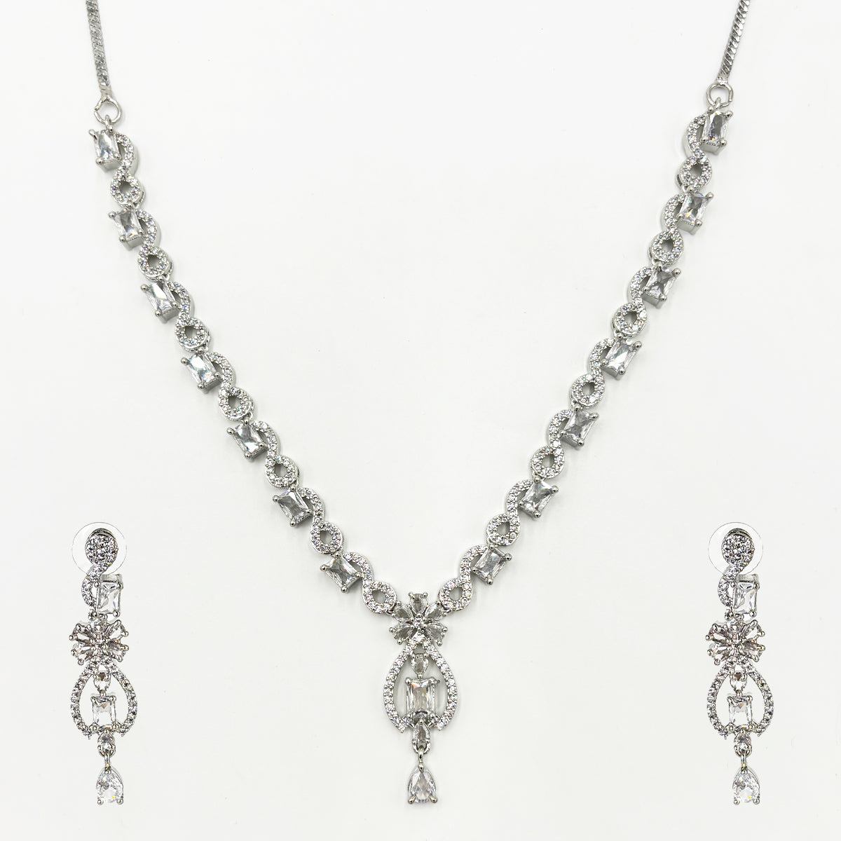 Brilliant American Diamond Silver-Tone V-Drop Necklace Set with Matching Dangle Earrings
